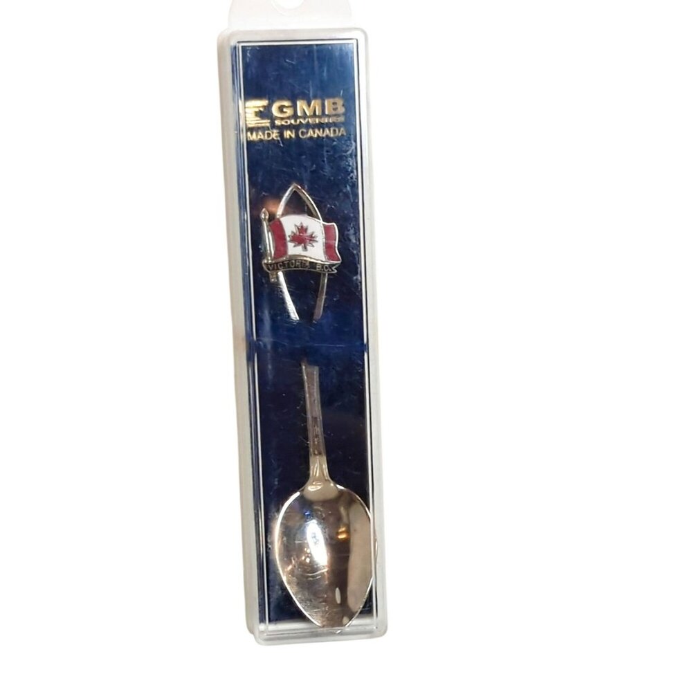 Victoria B.C. Souvenir Spoon EGMB Silver Tone With Red Maple Leaf Canada
